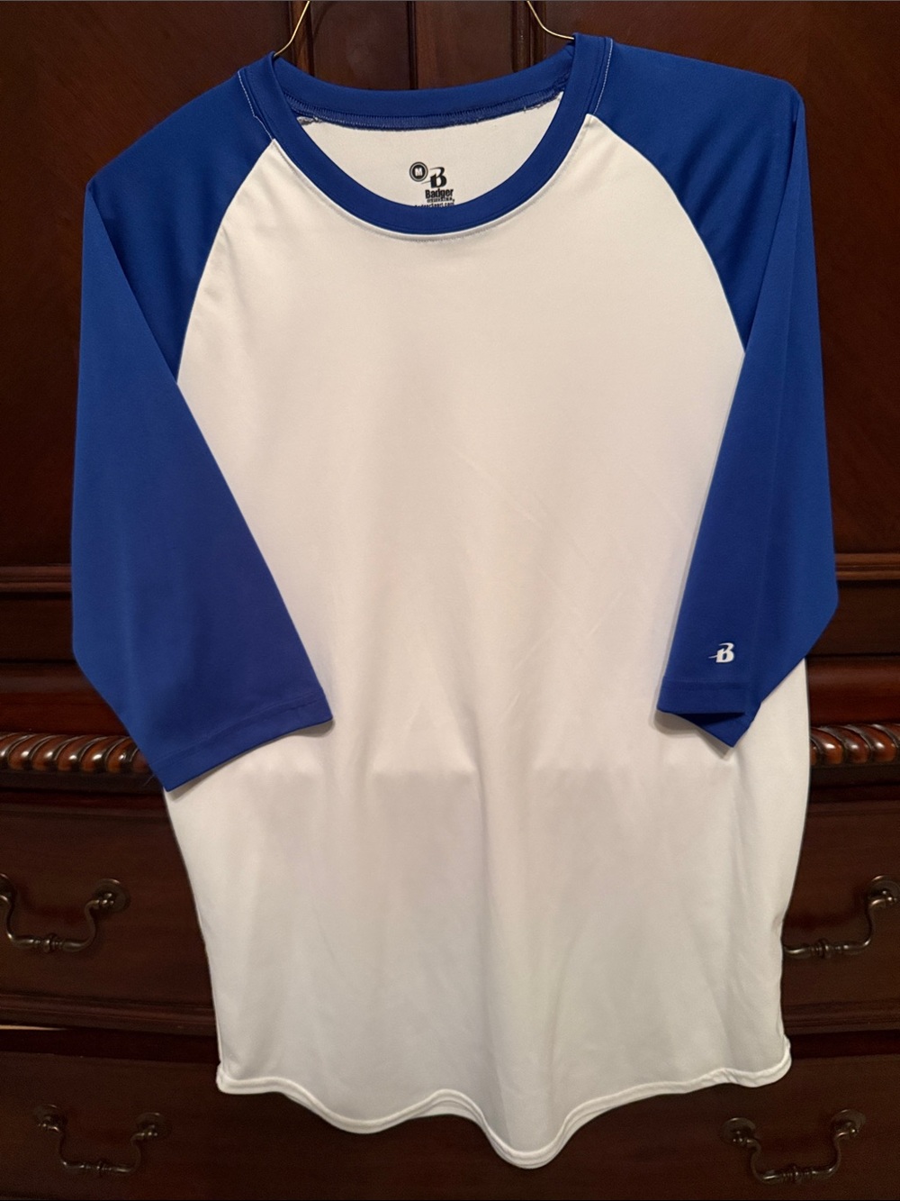Badger Performance Raglan Shirt - White with Royal Blue 3/4 length Sleeves